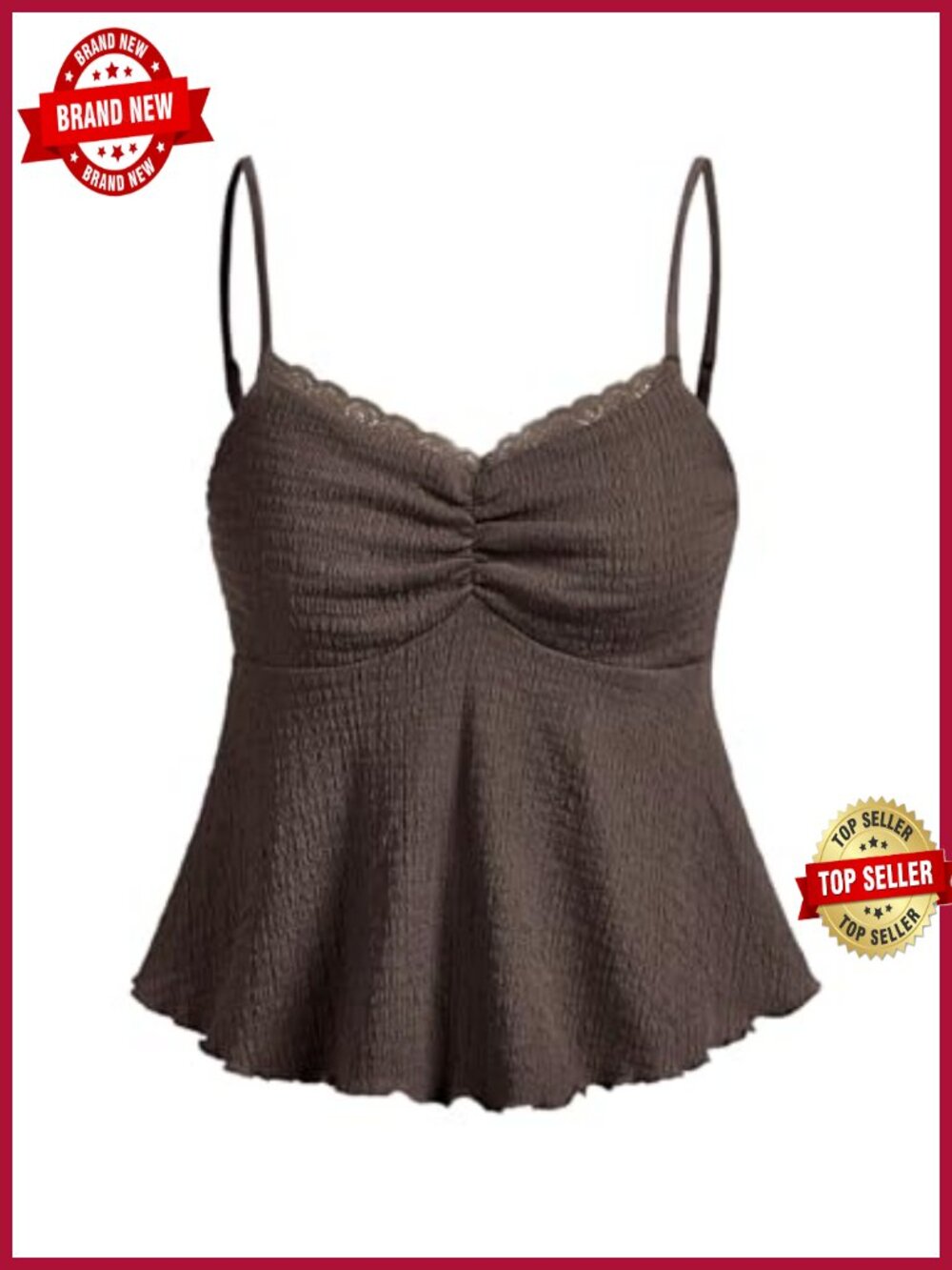 Ruched Bust Lettuce Trim Flowy Spaghetti Strap Cami Top